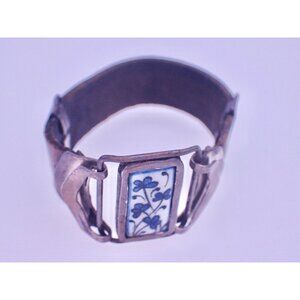 Designer Turkish Sterling Bracelet Leather Band Hand Porcelain Flower Center